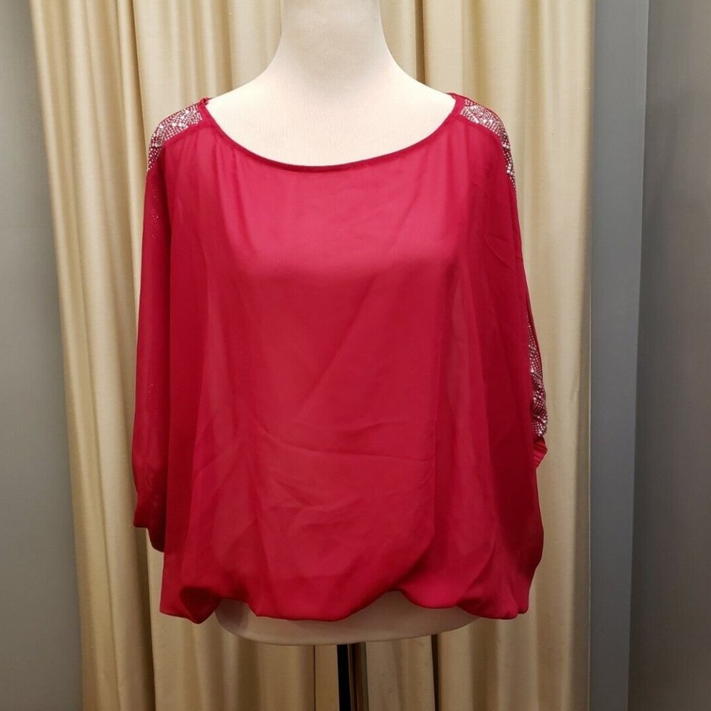 KOTON Sheer Blouse Fuchsia w/ Silver Studs Elastic on Waist and Sleeves NWT